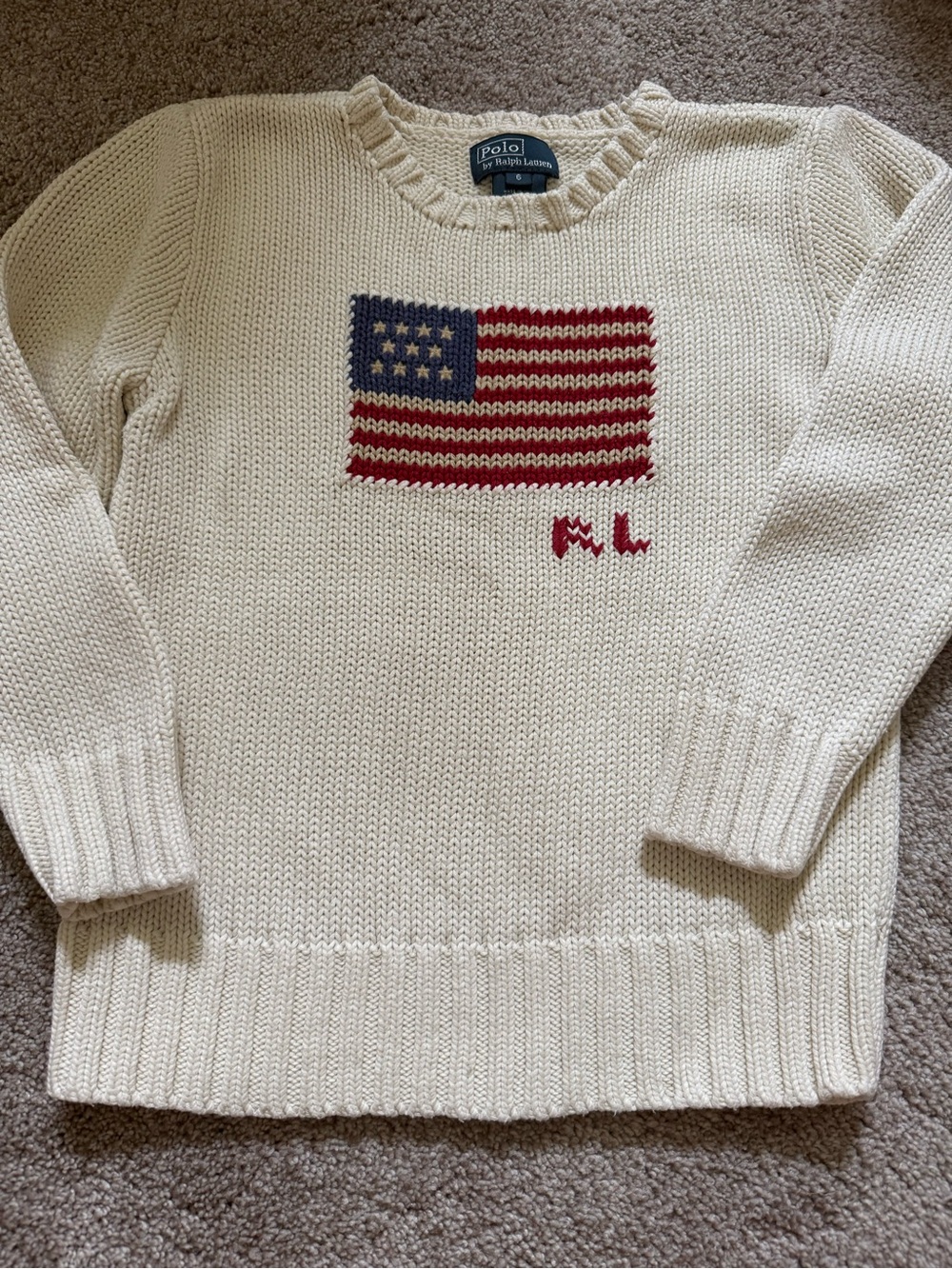 Ralph Lauren Cream Knit Sweater with Red & Navy Flag Detail